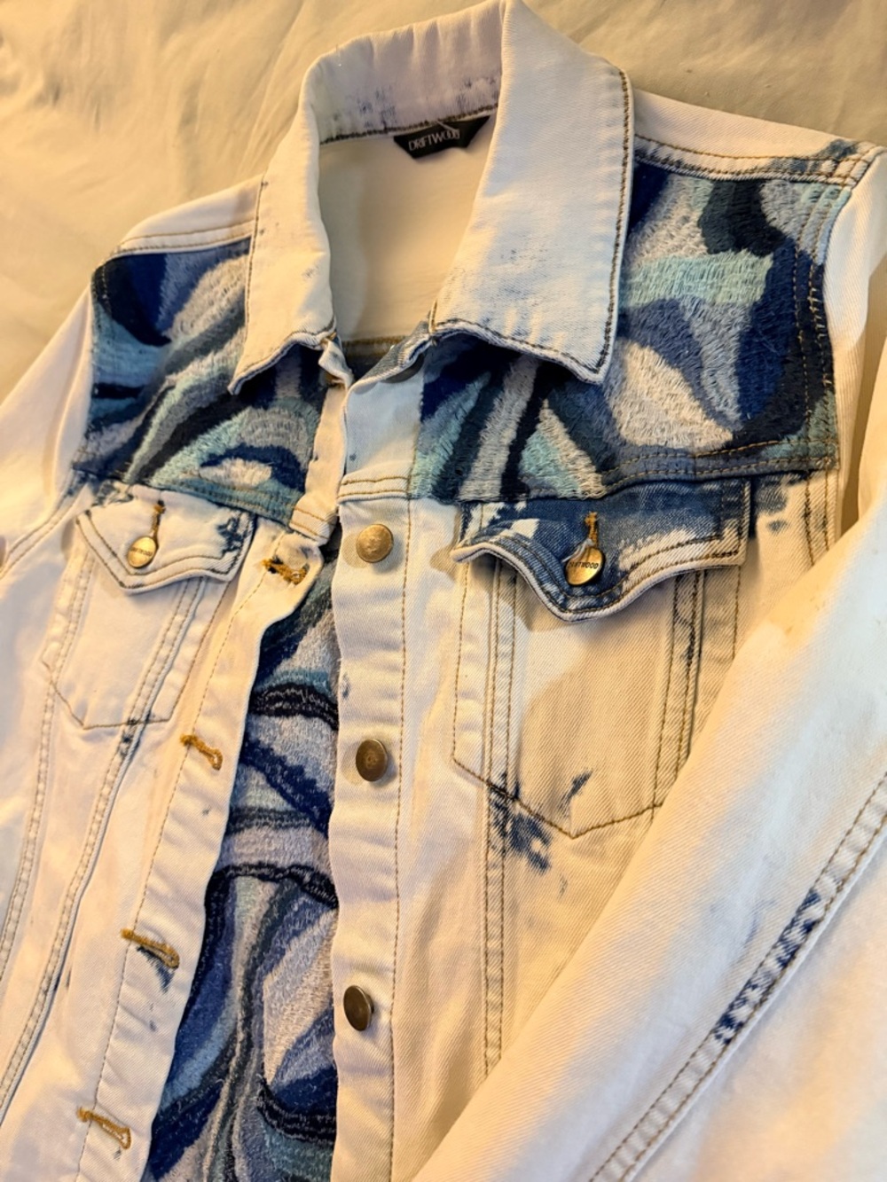 DRIFTWOOD White Jacket and bell bottom jeans with a beautiful blue crochet. - Picture 3 of 14